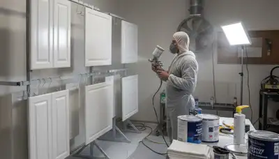 Professional cabinet painting in Bradenton FL using spray techniques for smooth, durable kitchen finishes