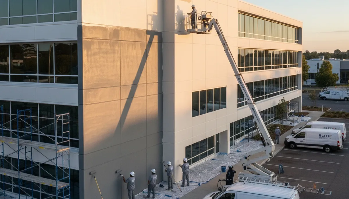 Professional commercial painters in Bradenton FL applying durable coatings to office exterior