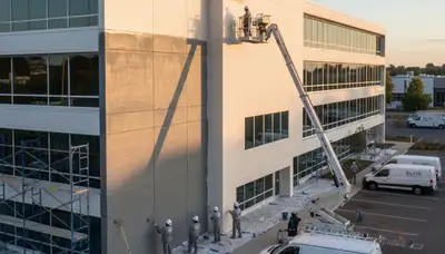 Professional commercial painters in Bradenton FL applying durable coatings to office exterior