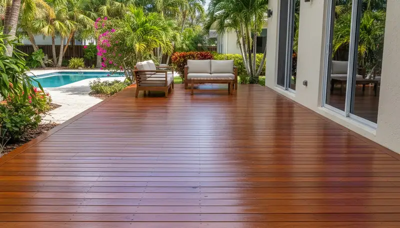 Finished deck staining after pressure cleaning by Bradenton, FL painters restoring outdoor wood surfaces