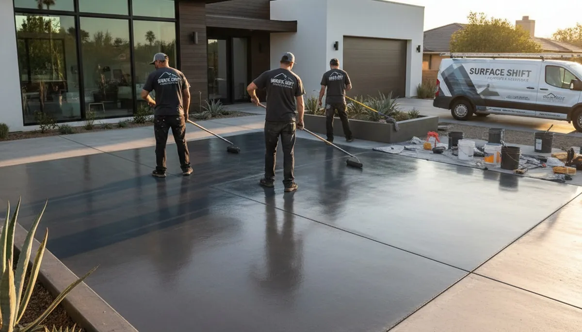 Professional concrete staining on Bradenton FL patio by expert house painters for lasting color