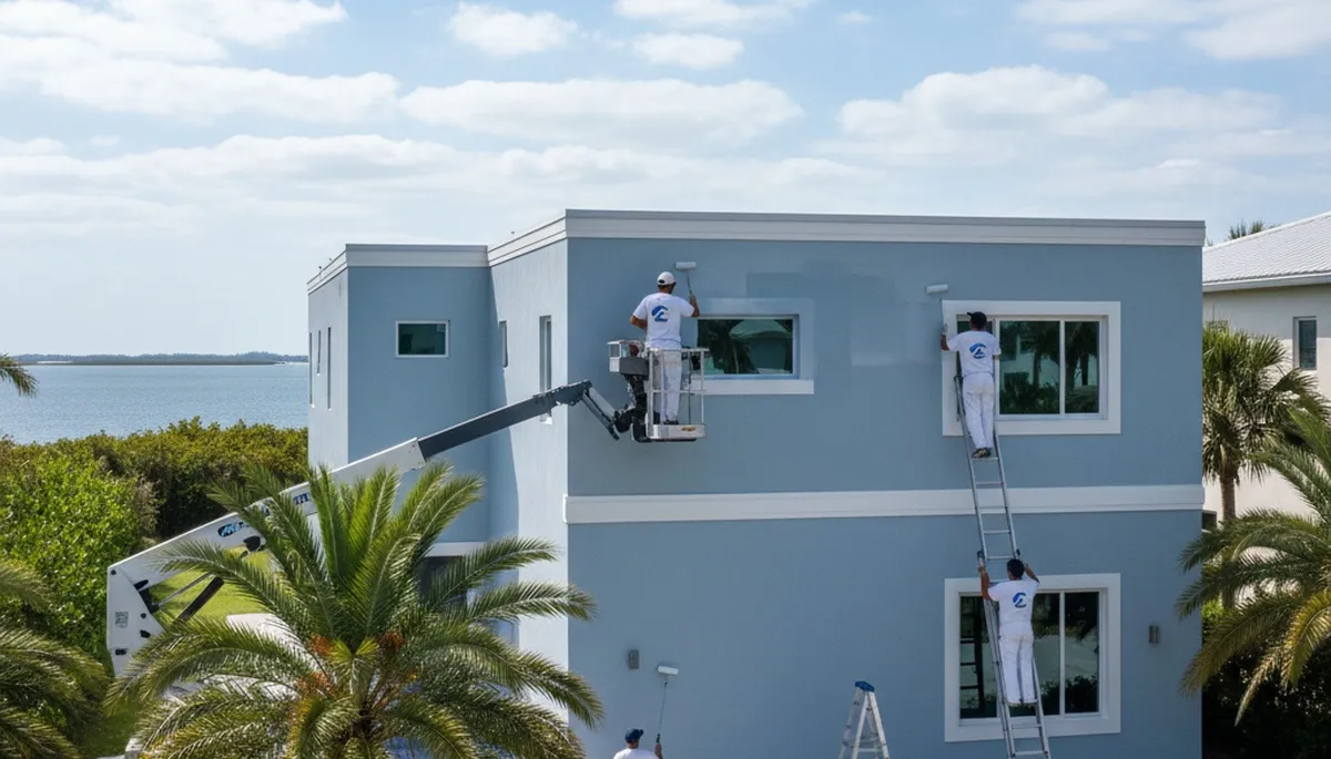 Professional house painters finishing exterior home in Bradenton, FL