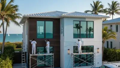 Professional house painters working on exterior home repaint in Bradenton FL