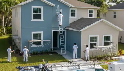 Professional house painters working on exterior home repaint in Bradenton FL
