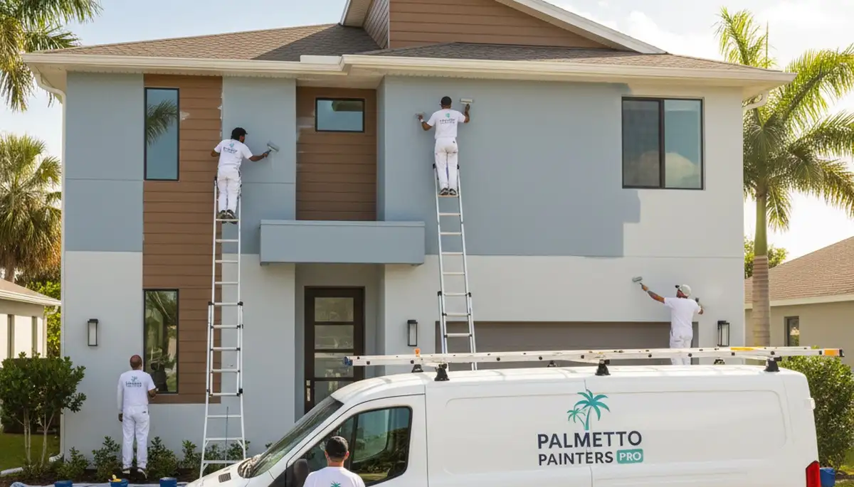 Professional house painters working on exterior home repaint in Bradenton, FL