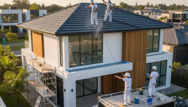 Professional roof painting service on a coastal home in Bradenton, FL with durable weatherproof coating